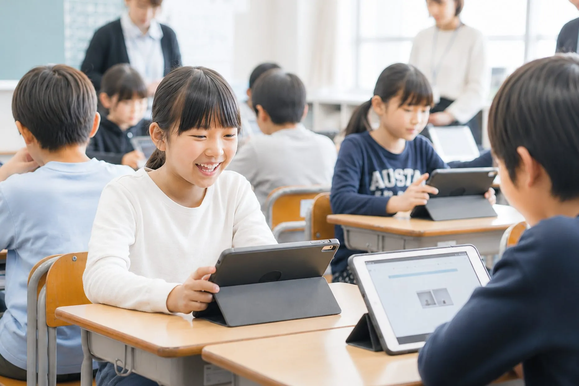 タブレットを使って学習する小学生たち