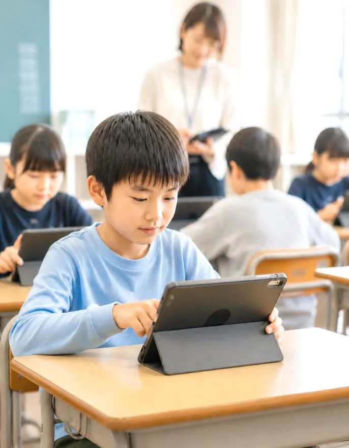 タブレットで学習する児童